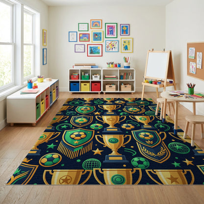Vibrant Golden Soccer Victory Trophies Rug