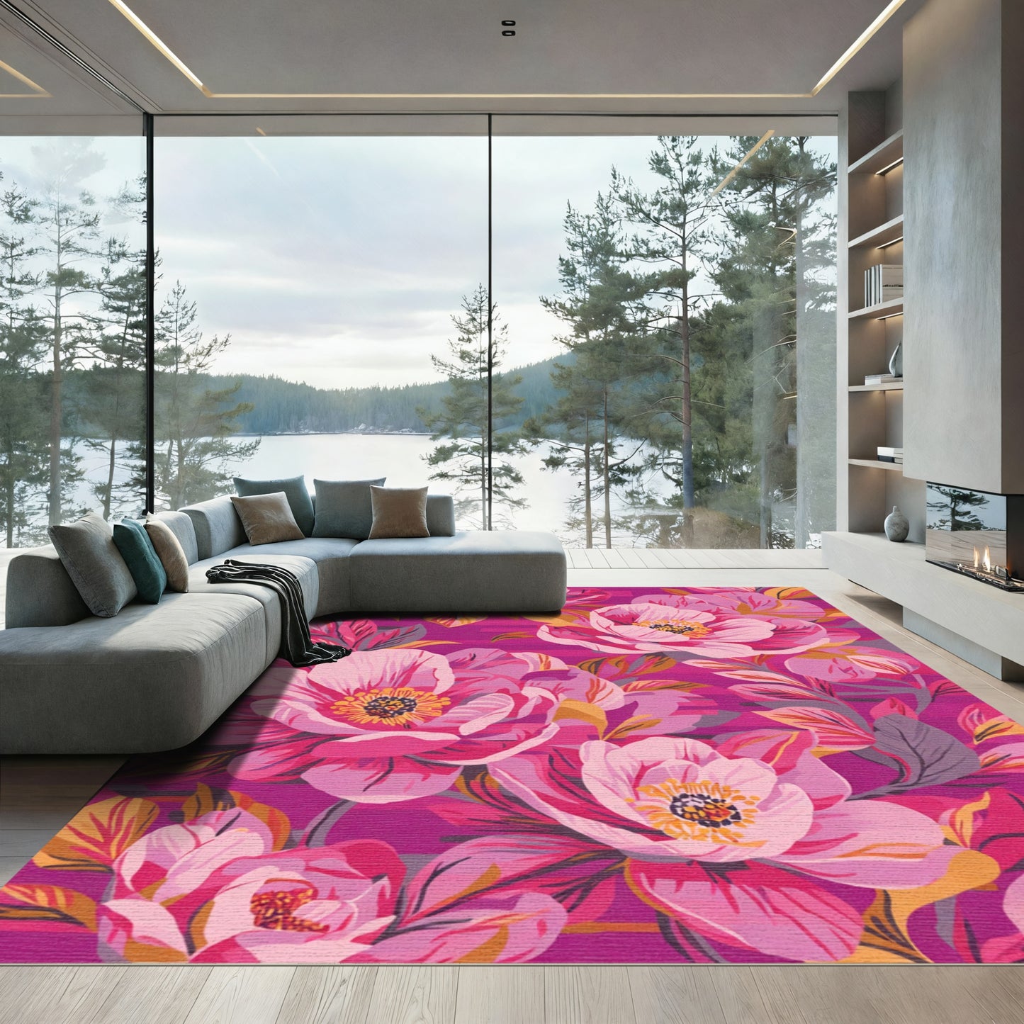 Vibrant Pink Peony Floral Bloom Rug