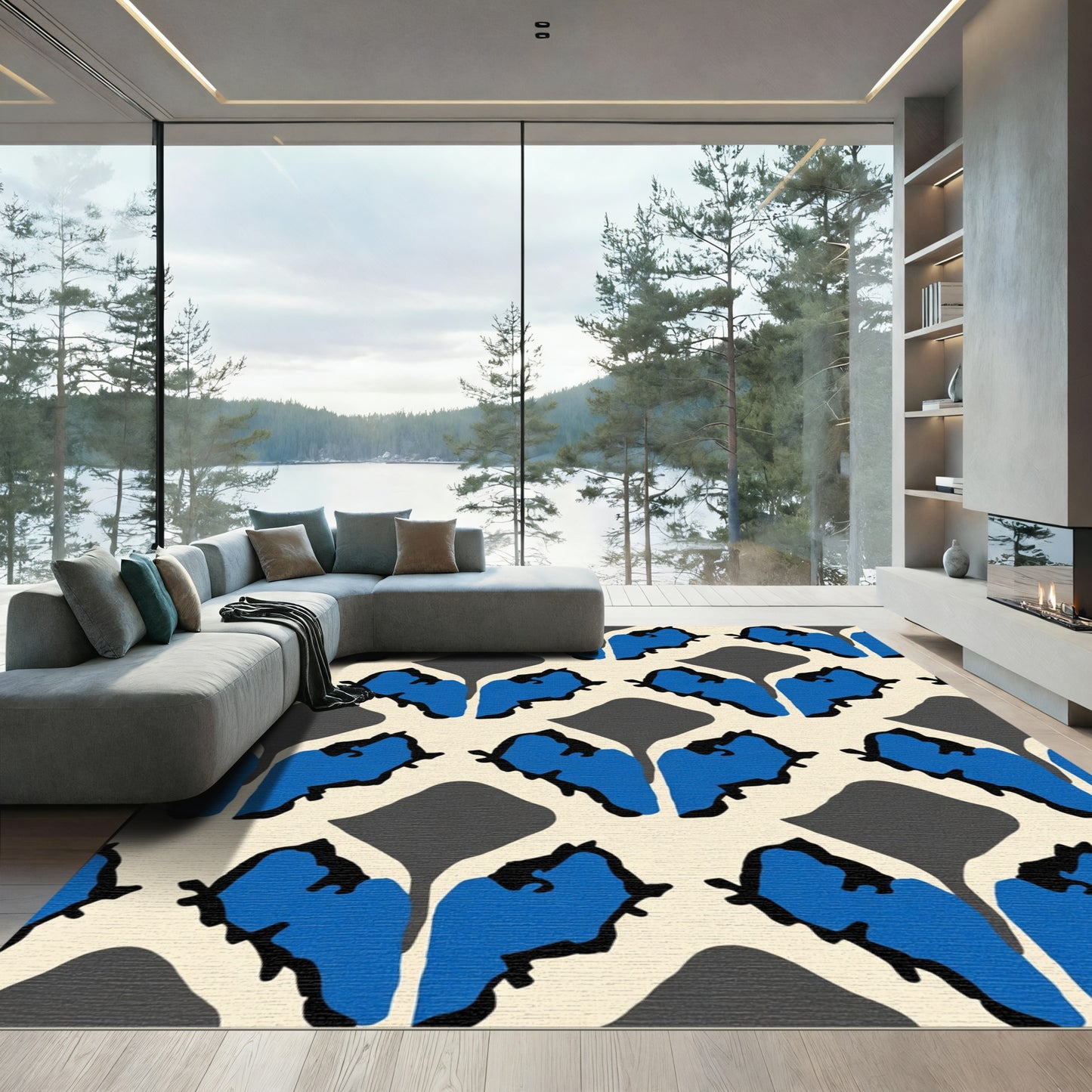 Bold Blue Abstract Heart Pattern Rug