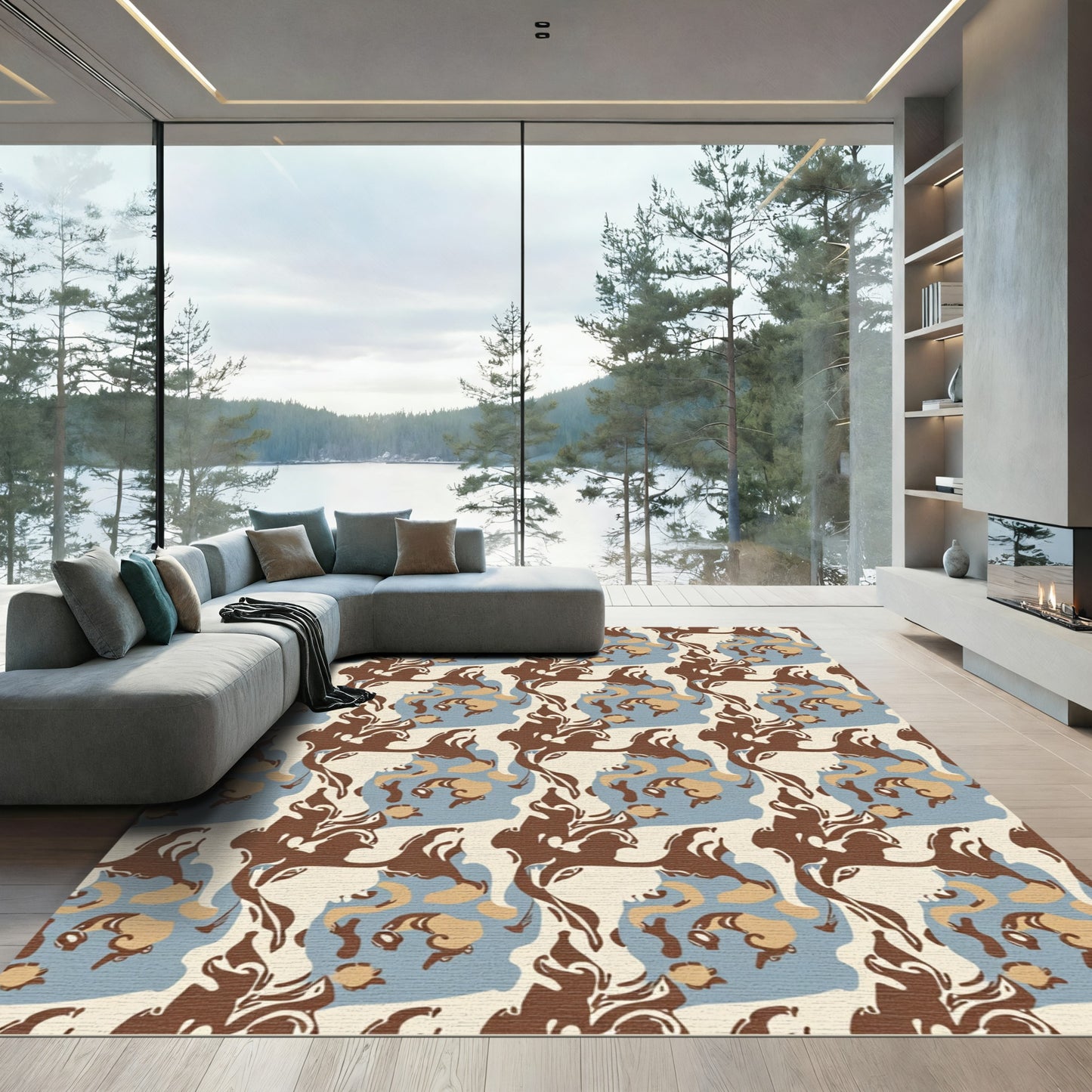Abstract Brown Tan Blue Organic Flow Rug