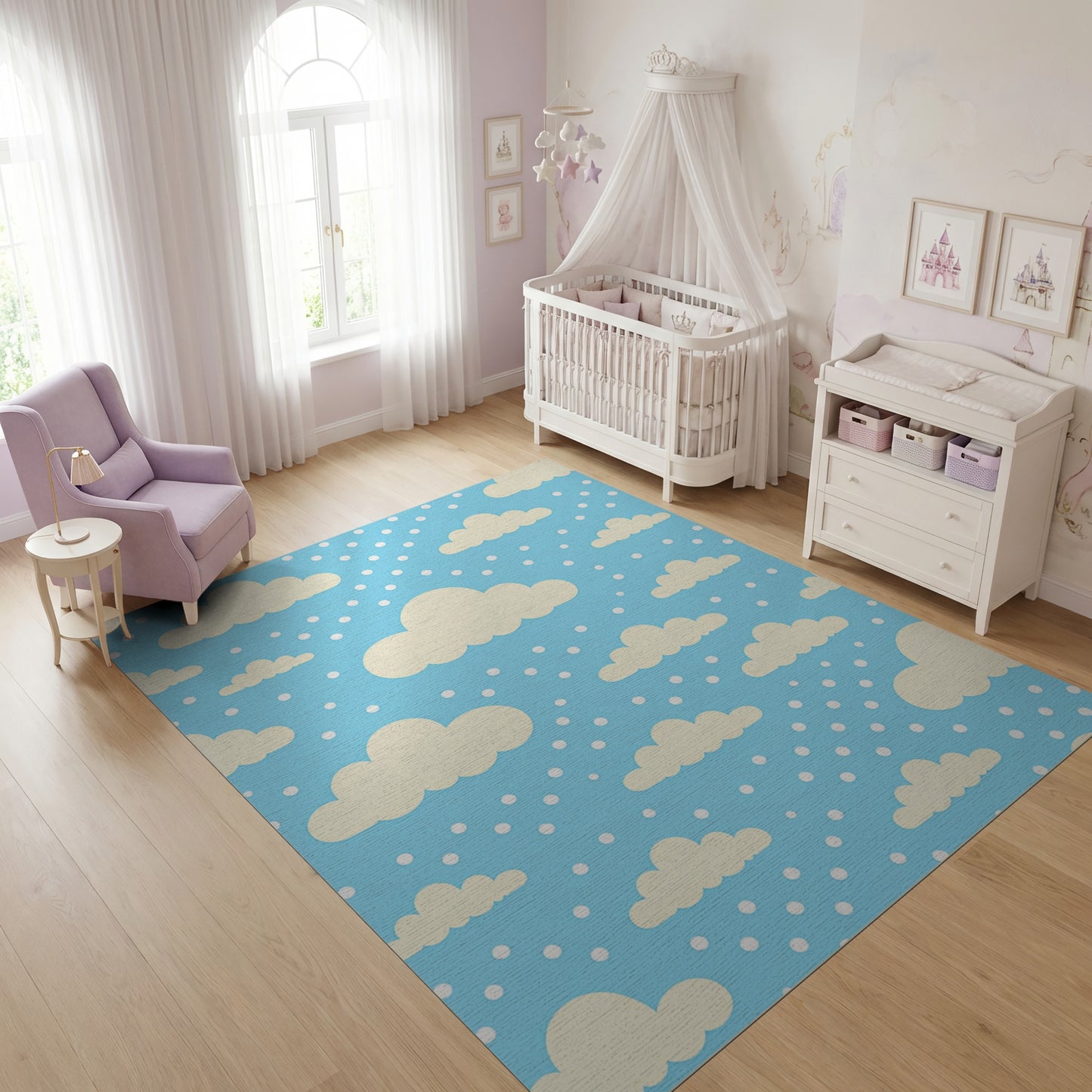 Whimsical Fluffy Clouds Blue Dots Rug