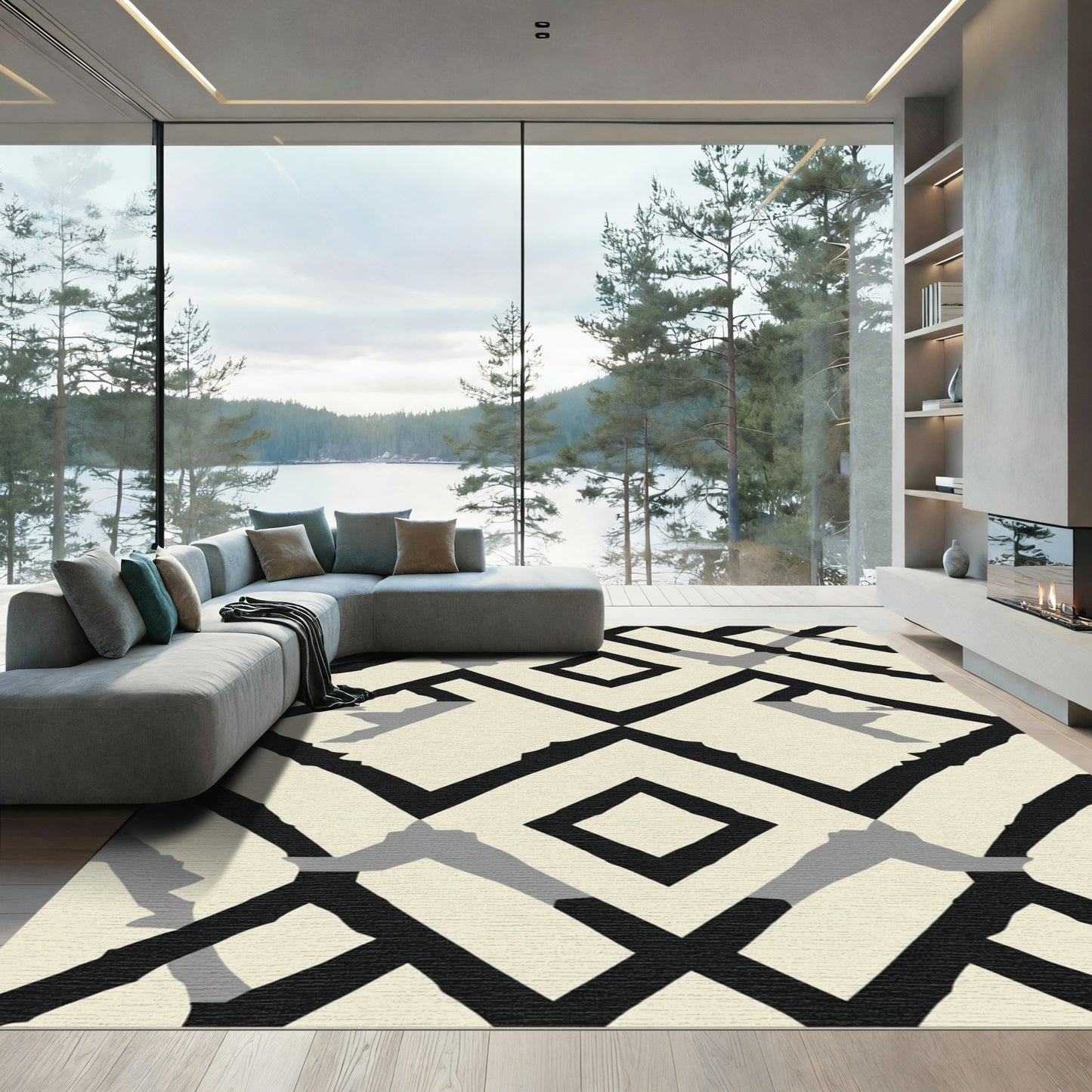 Ecru and Black Geometric Diamond Overlay Rug