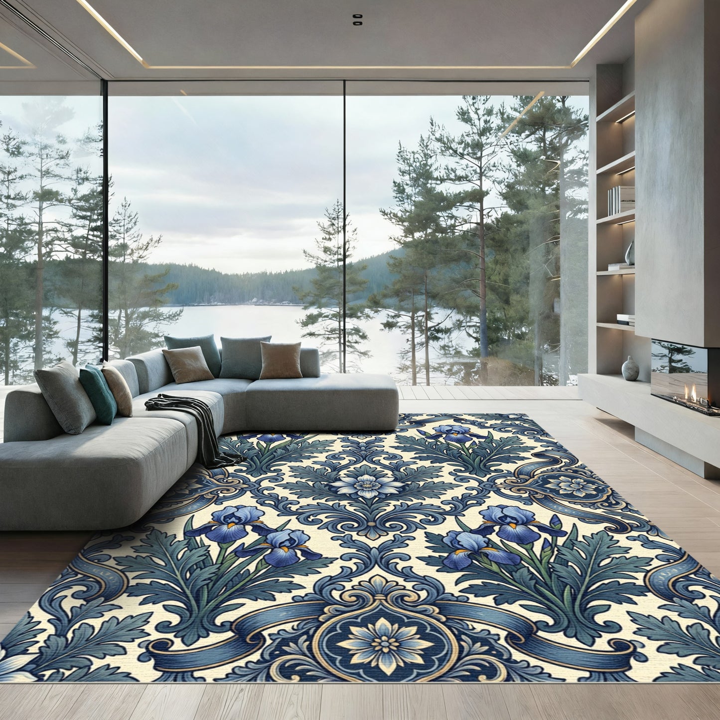 Elegant Blue Iris Floral Damask Rug