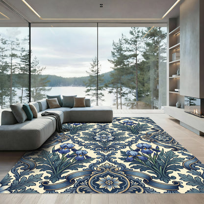 Elegant Blue Iris Floral Damask Rug