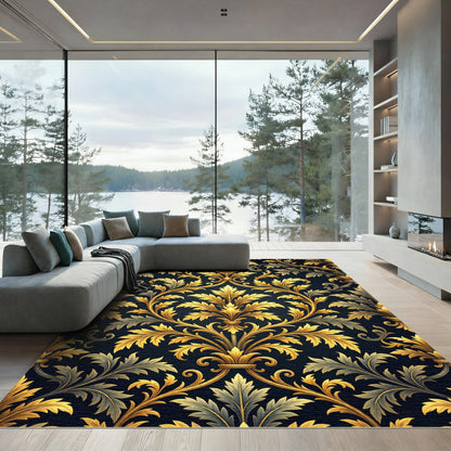 Ornate Gold Acanthus Leaf Damask Rug