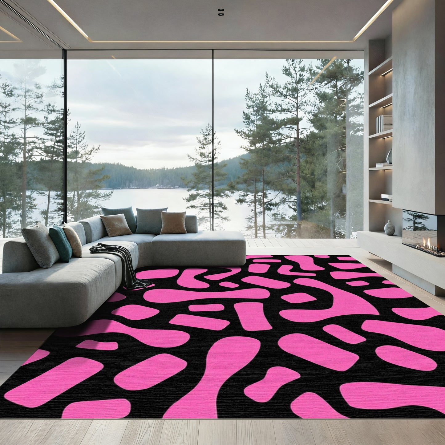 Vivid Pink Blob Abstract Black Rug