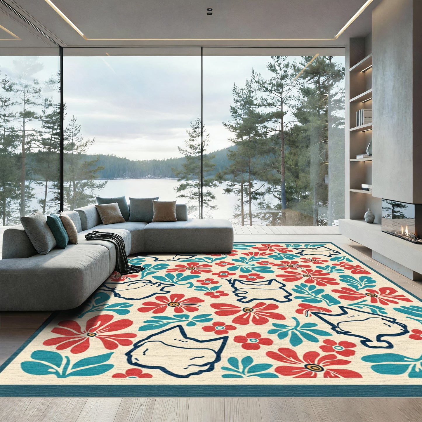 Red Teal Whimsical Floral Cat Collage Rug