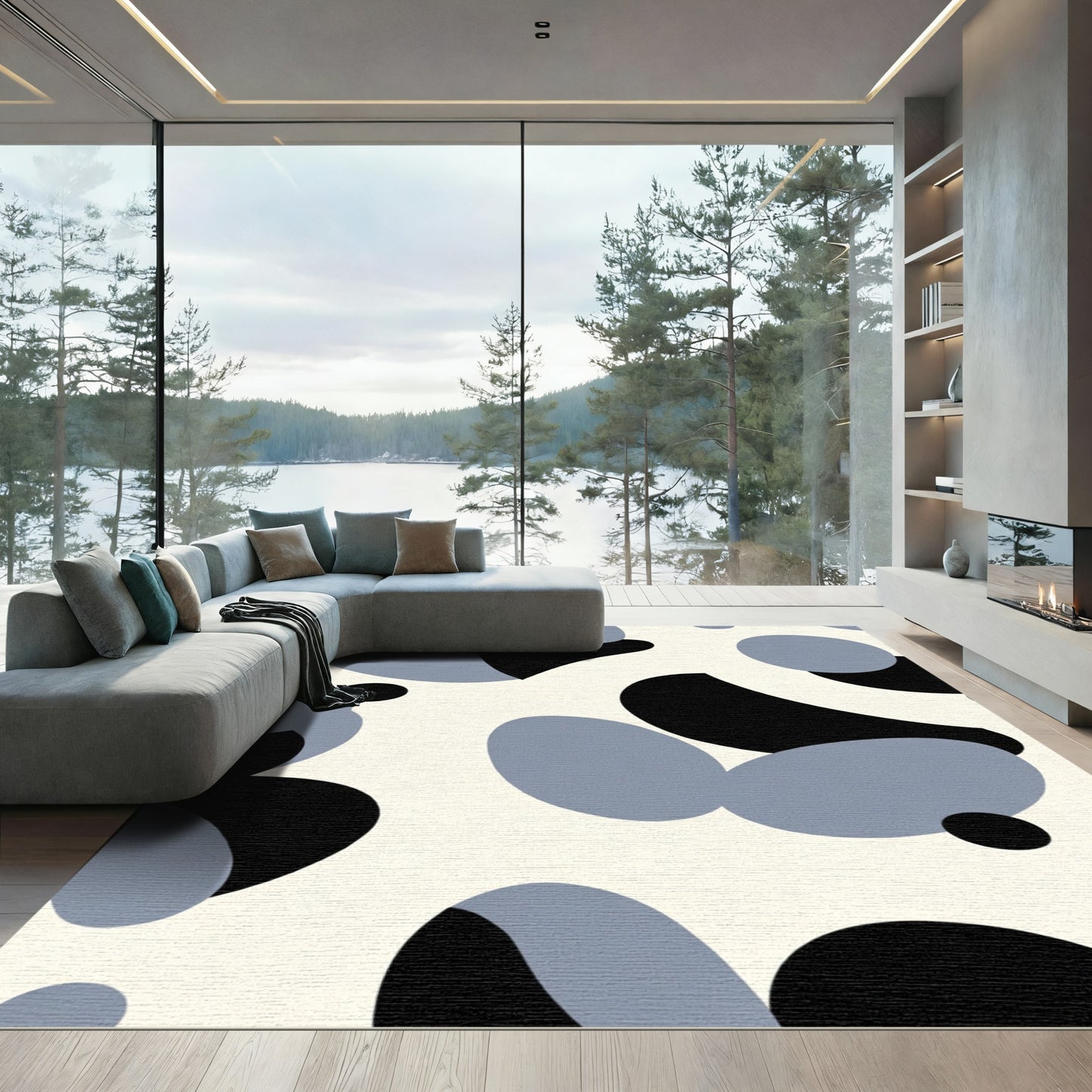 Cream Black Blue Organic Blobs Rug
