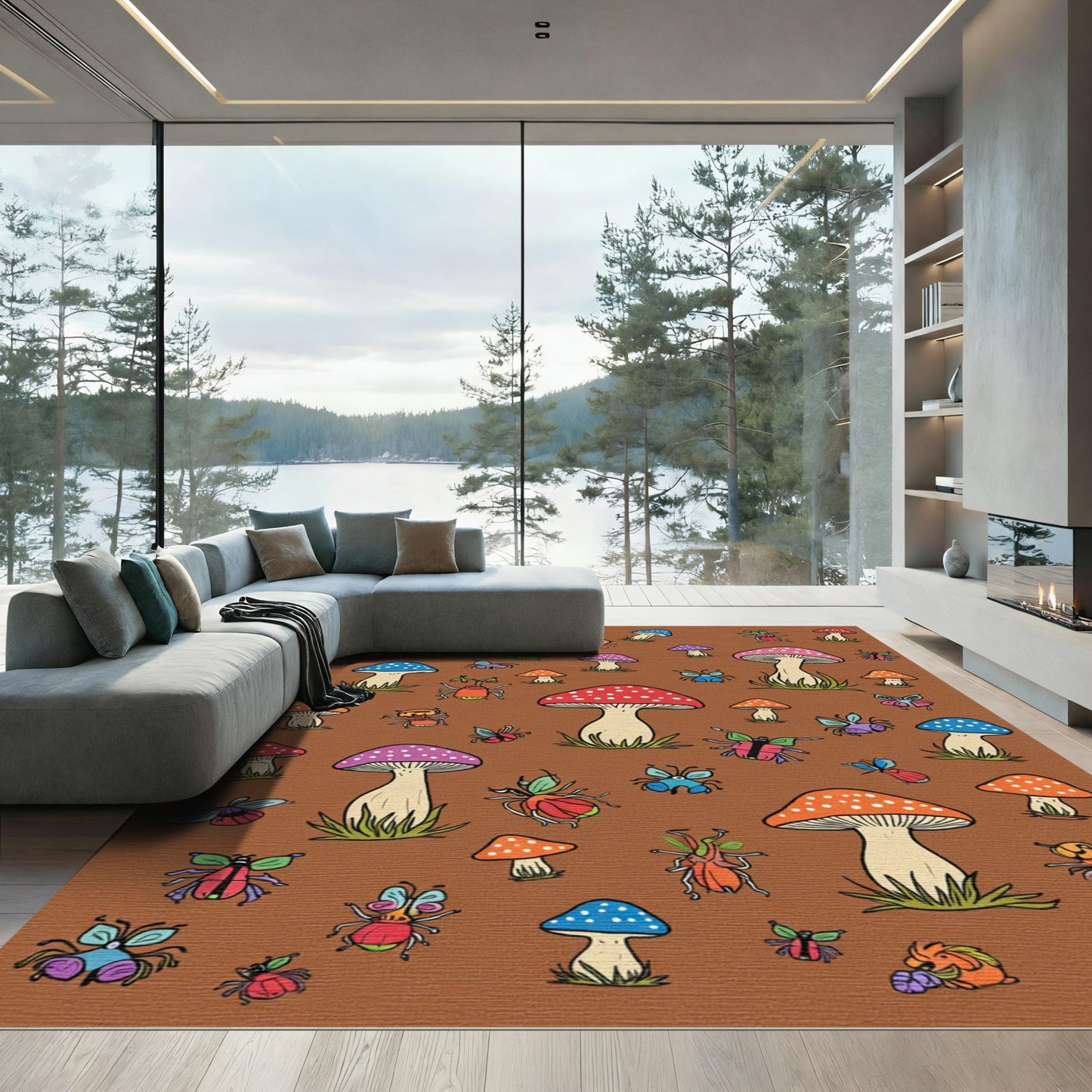 Whimsical Fungi and Insect Meadow Rug