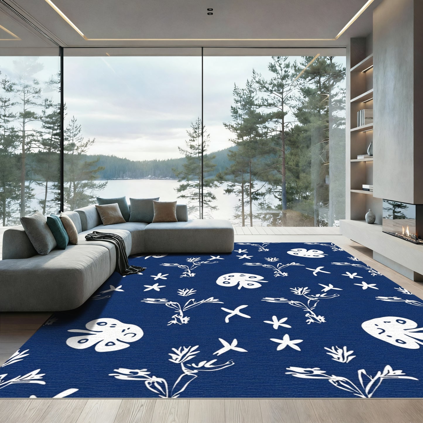 White Folk Art Botanical Sketch Rug