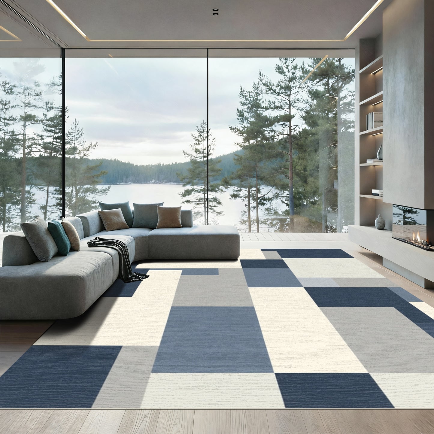 Abstract Blue Gray Geometric Blocks Rug