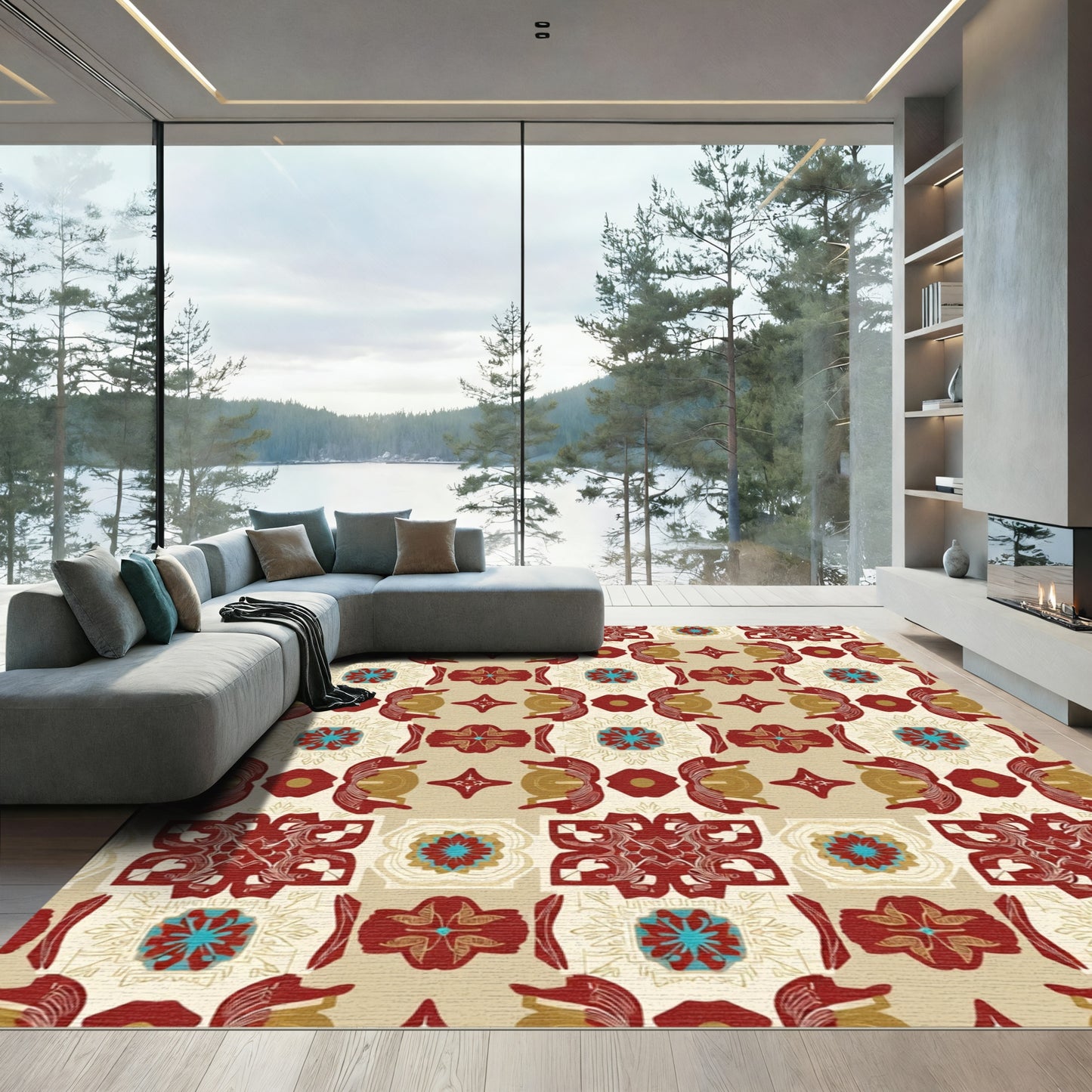Crimson Gold Teal Medallion Composition Rug