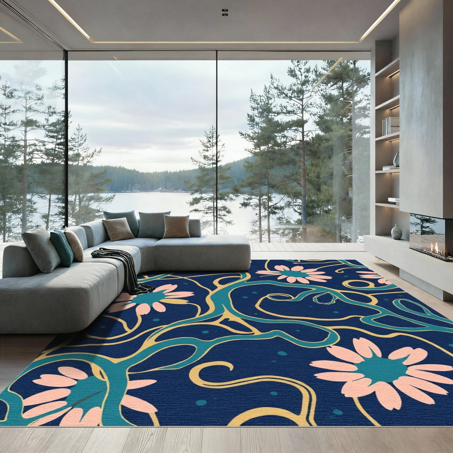 Navy Pink Floral Vine Stream Rug