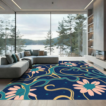 Navy Pink Floral Vine Stream Rug