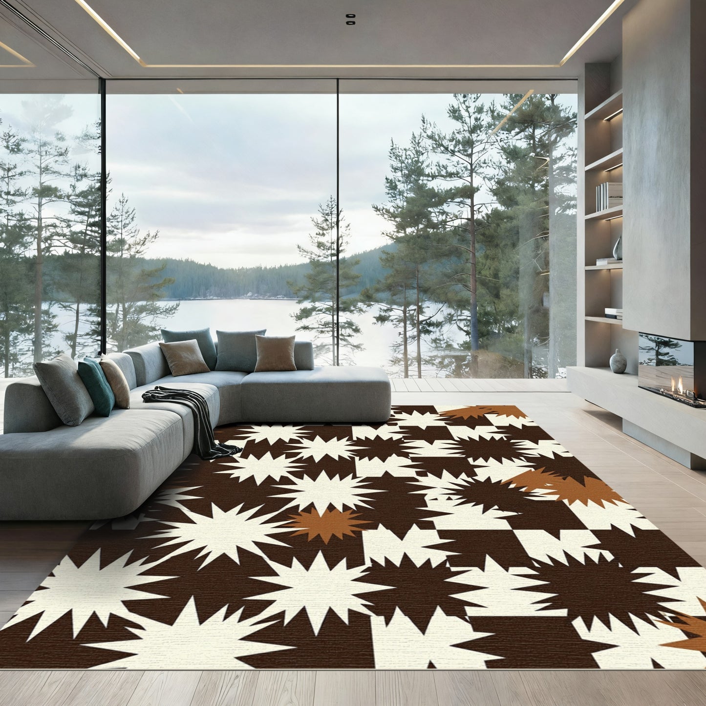 Chocolate Beige Spiky Starburst Check Rug