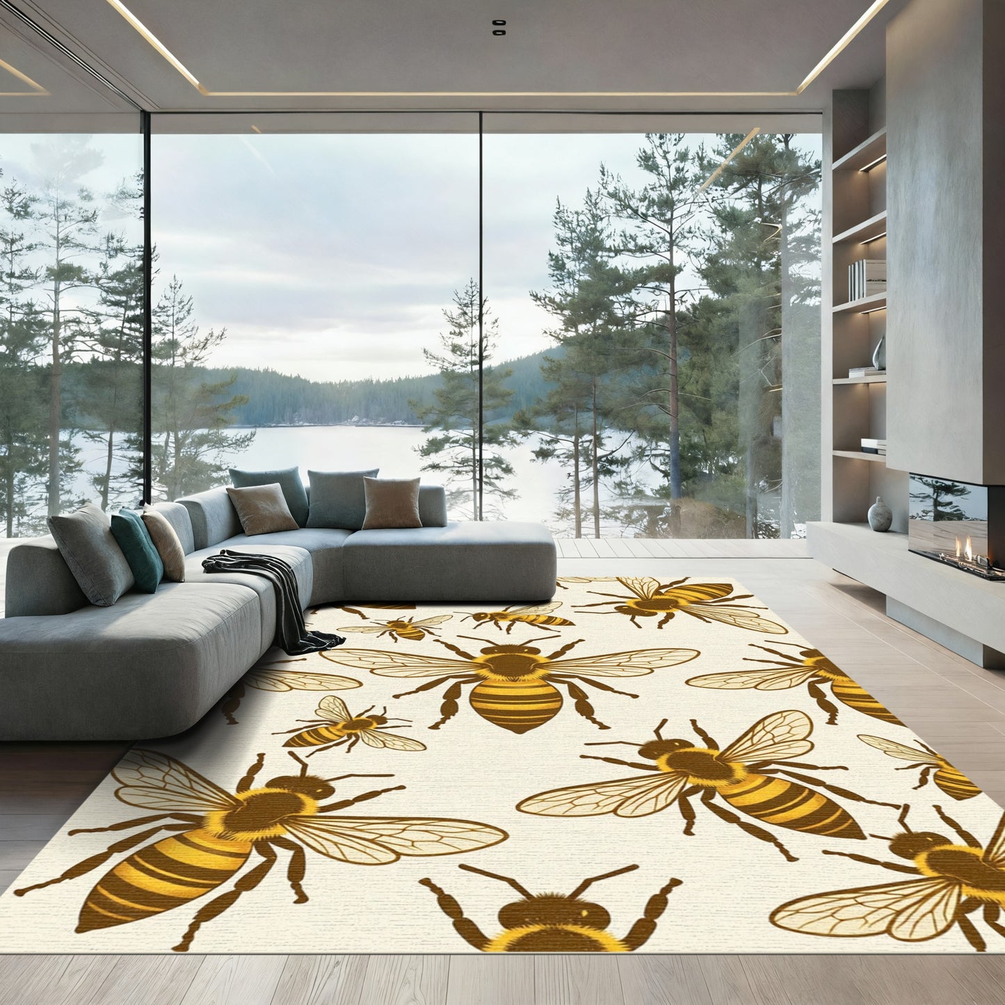 Whimsical Golden Honeybee Illustration Rug