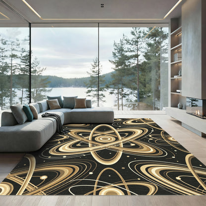Golden Atomic Swirls Orbit Ring Rug