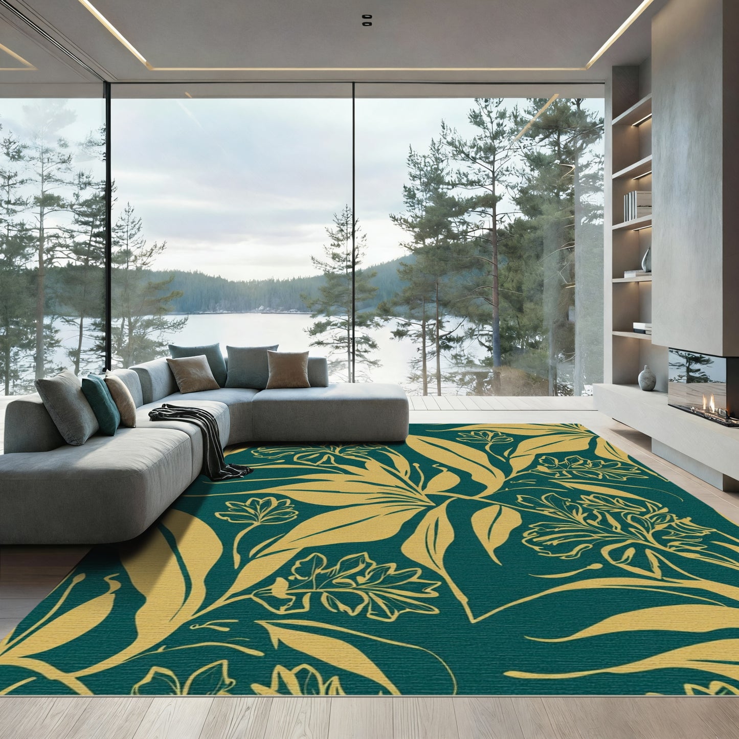 Gold Tropical Foliage on Teal Rug