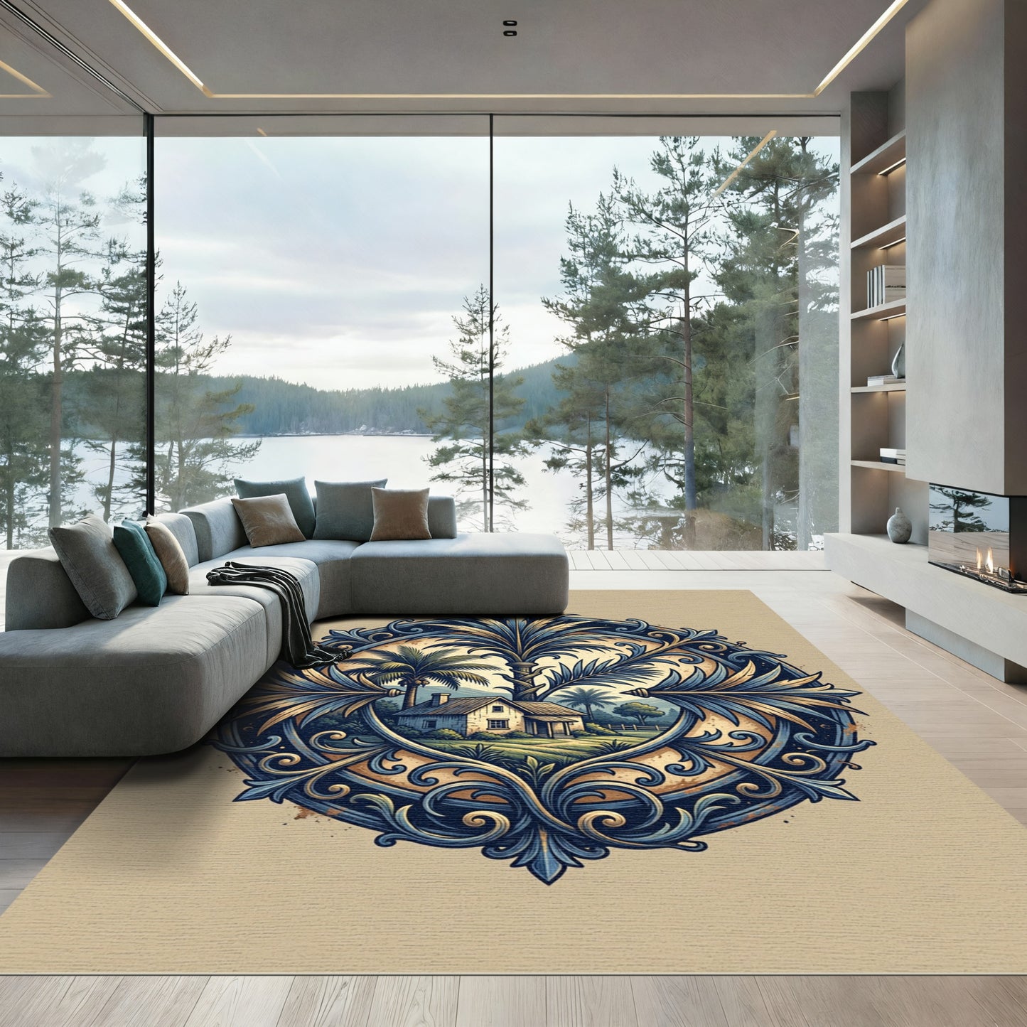 Ornate Blue Tropical Landscape Medallion Rug