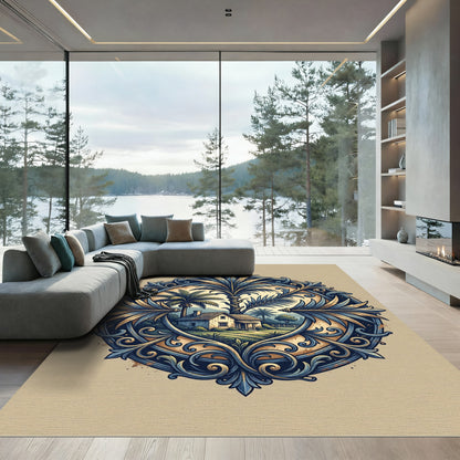 Ornate Blue Tropical Landscape Medallion Rug