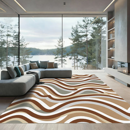 Earthy Brown Abstract Wave Rug
