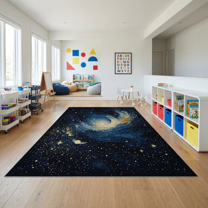 Navy Galaxy Swirl Stars Moon Rug