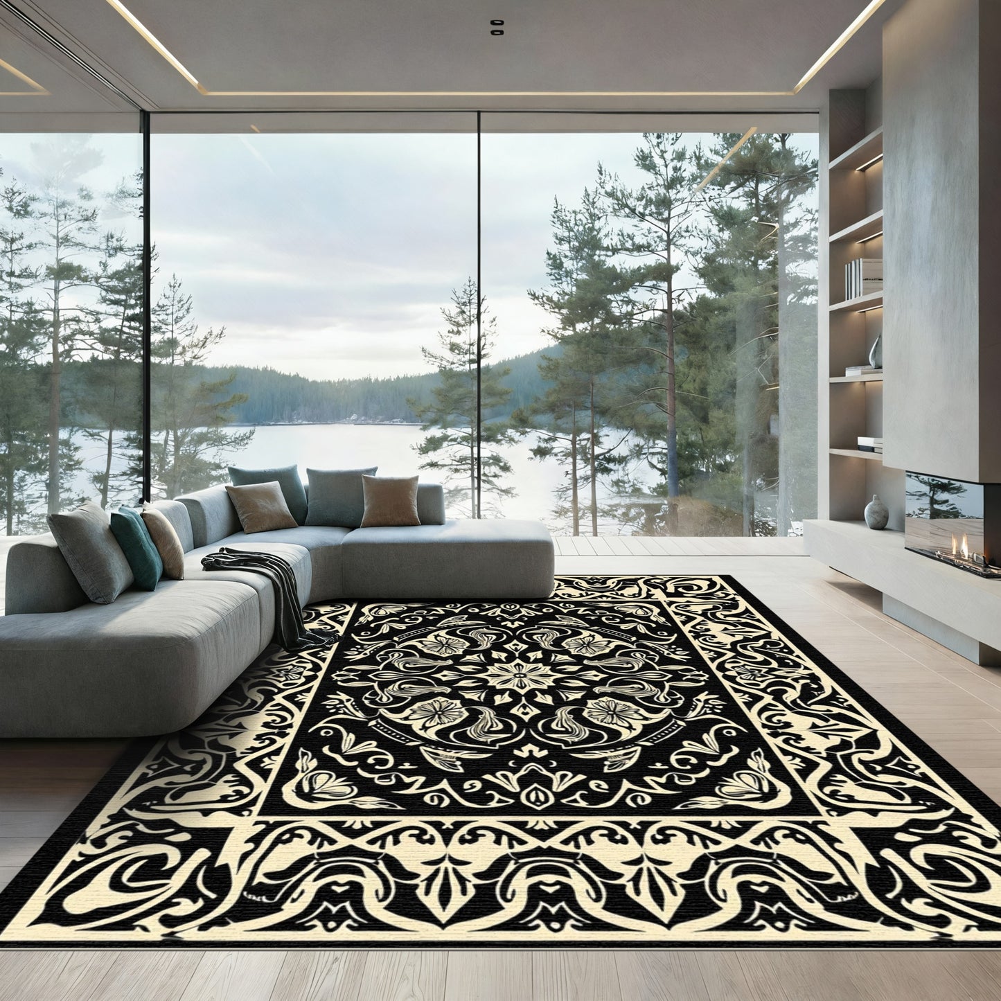 Black Cream Floral Scroll Border Rug