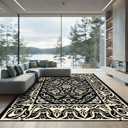 Black Cream Floral Scroll Border Rug