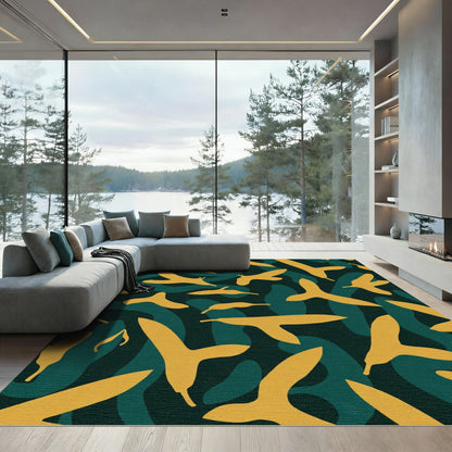 Golden Yellow Abstract Birds Teal background Rug