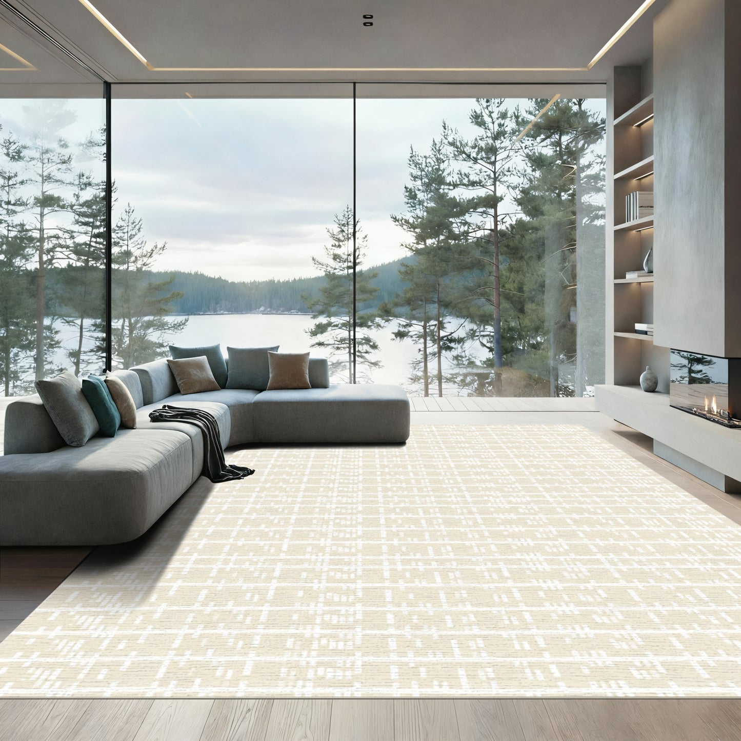 Cream Beige Linear Grid Texture Rug
