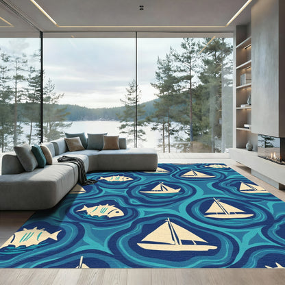Nautical Sailboat Fish Ocean Waves Rug
