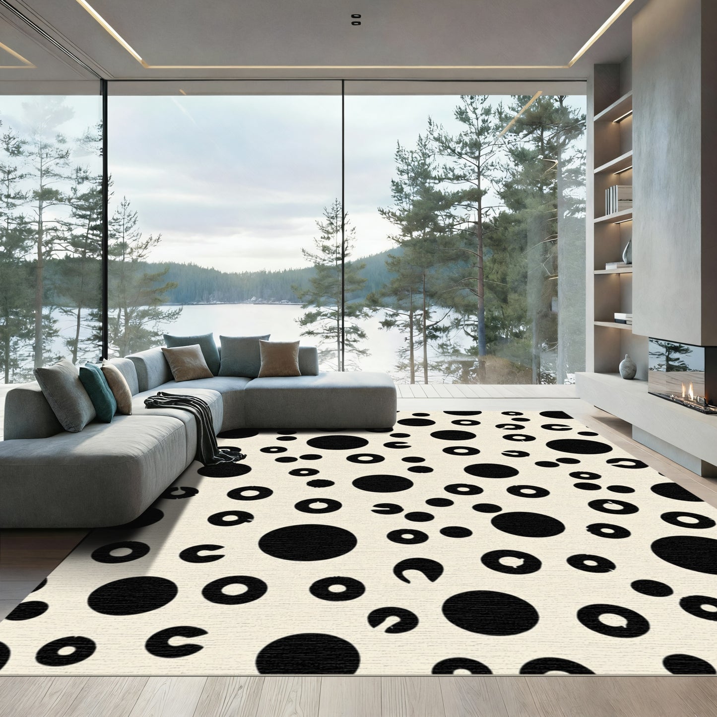 Black Scattered Circles Cream Background Rug