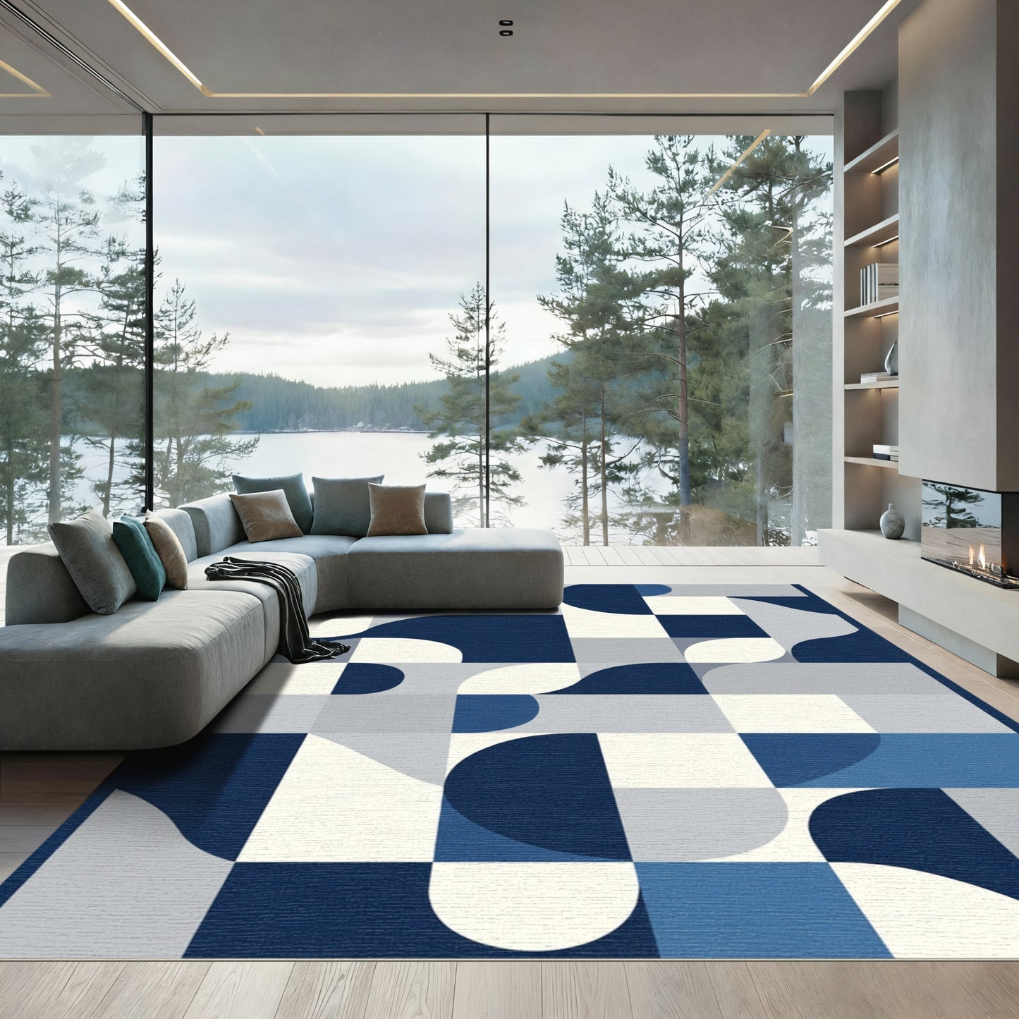 Mid Century Blue Geometric Waves Rug