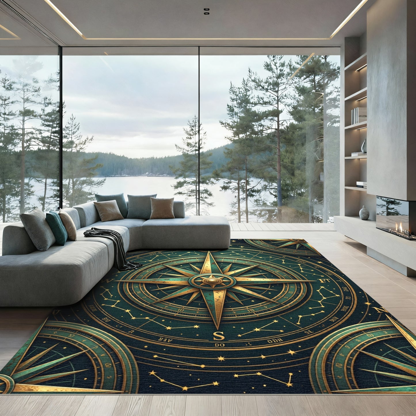 Celestial Emerald Gold Compass Navigation Rug