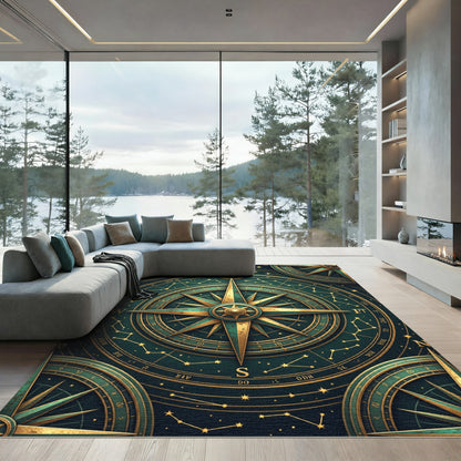 Celestial Emerald Gold Compass Navigation Rug