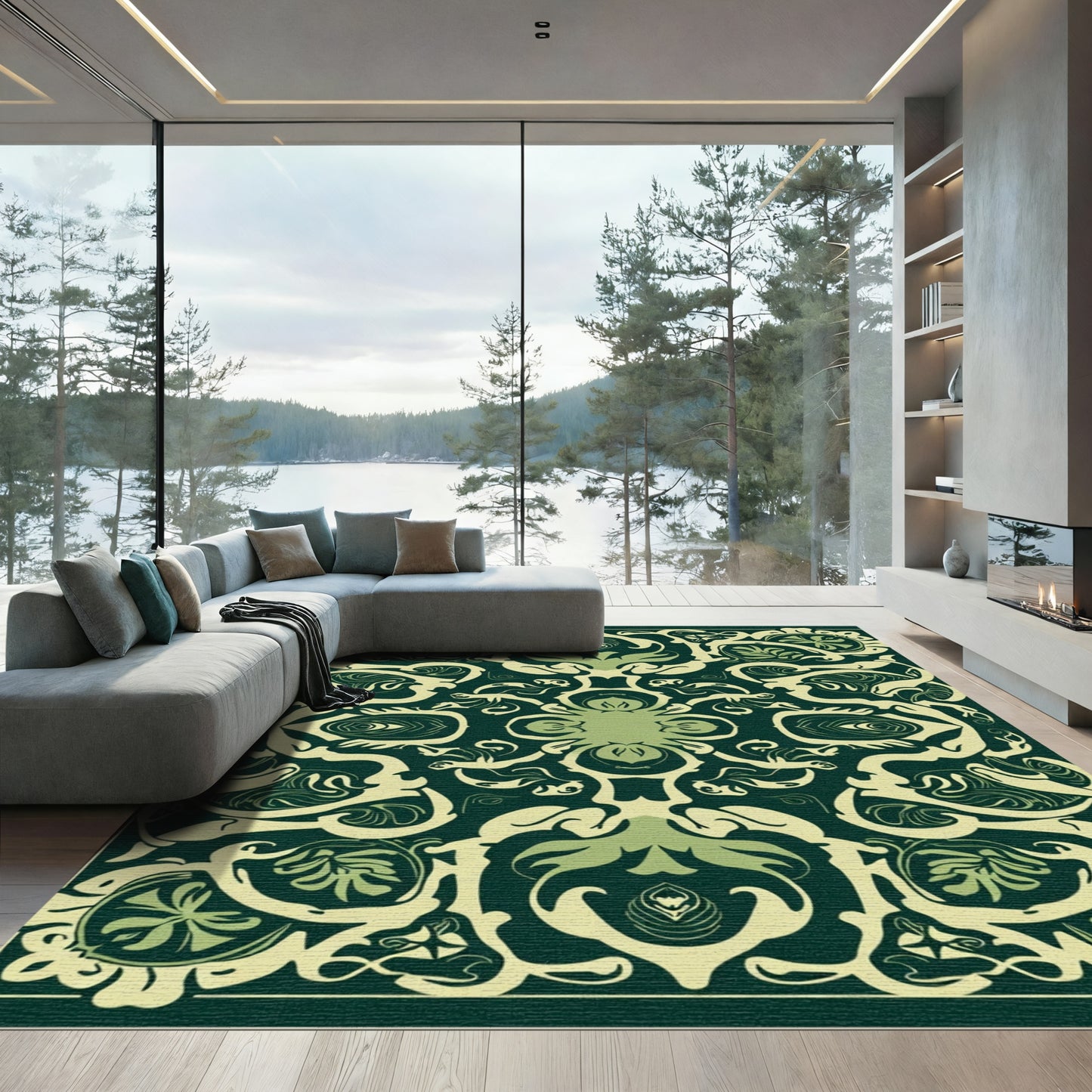 Ornate Green Floral Symmetry Rug