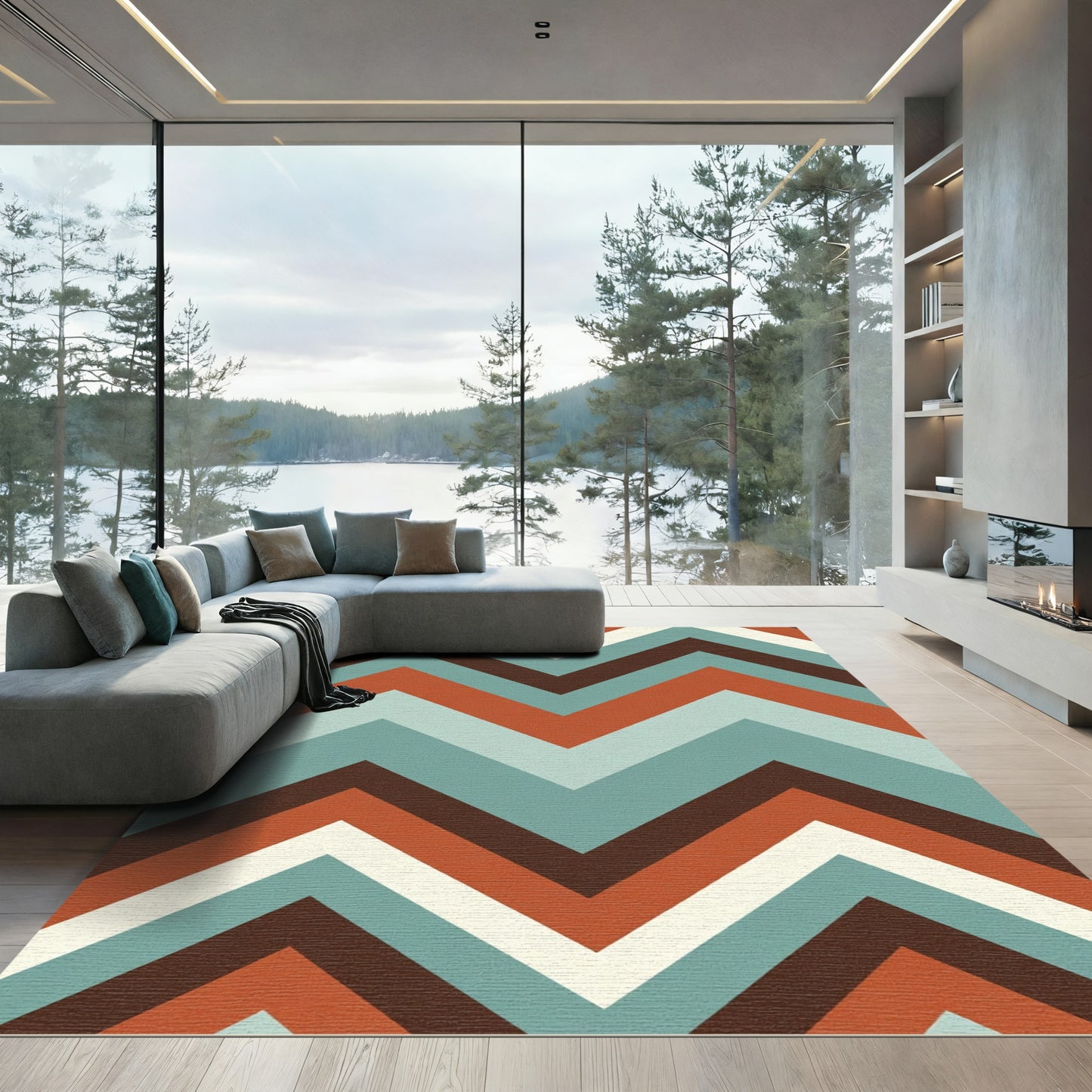 Retro Teal Coral Chevron Stripes Rug