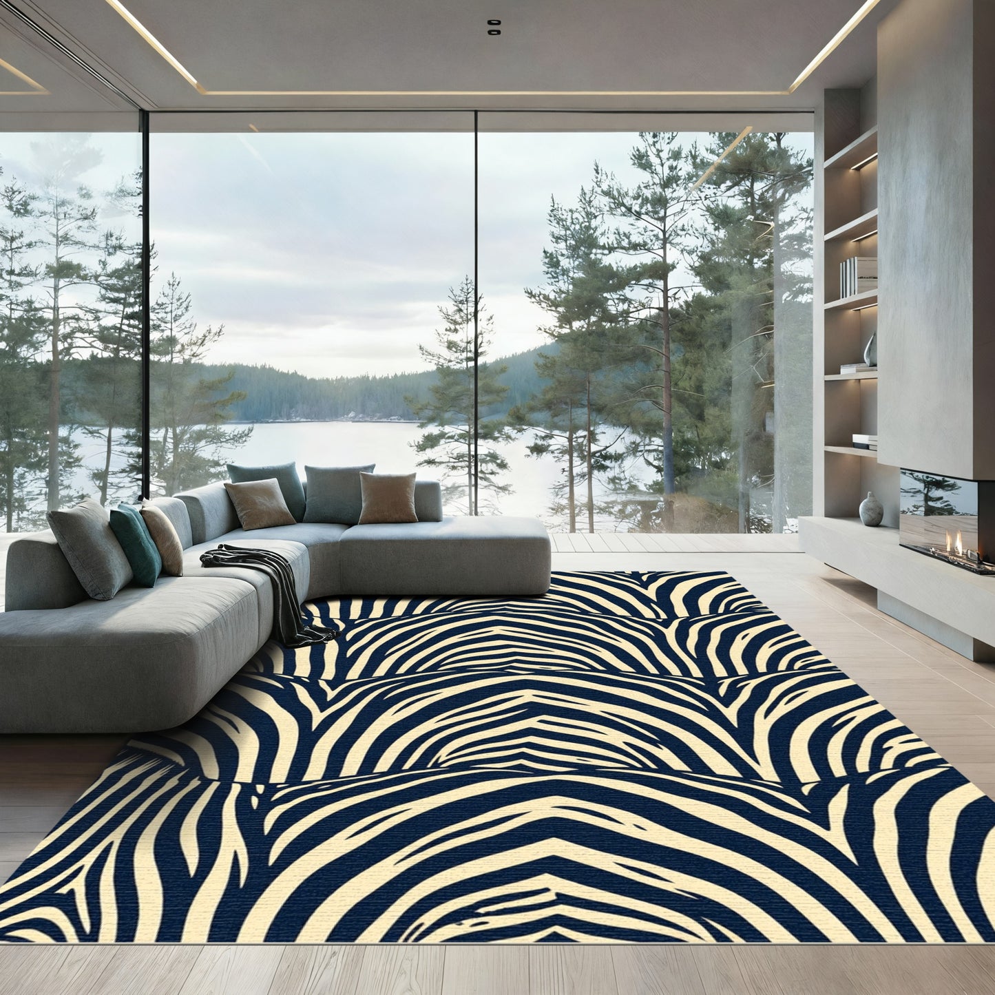Navy Gold Zebra Stripe Graphic Rug