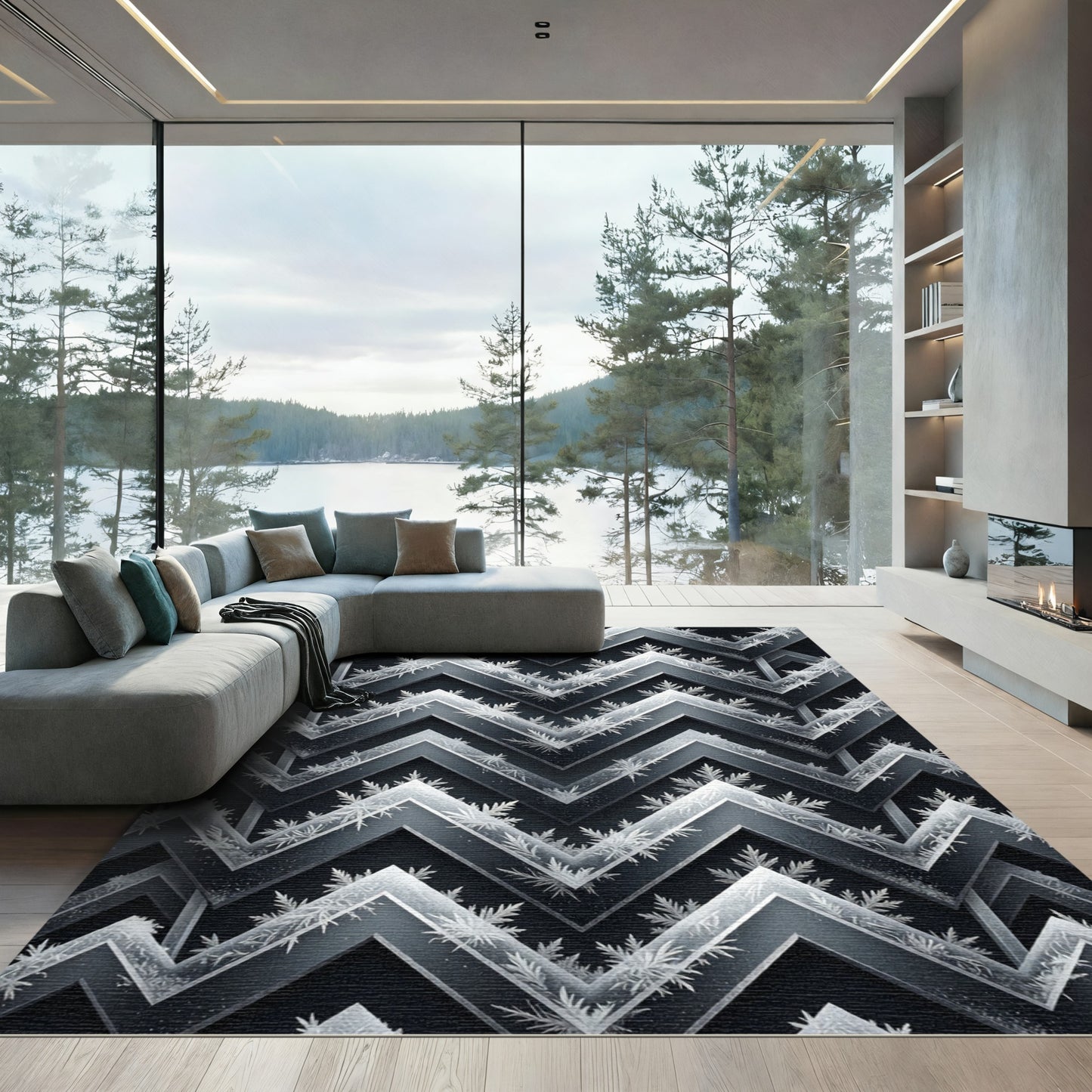 Frosted Silver Chevron Geometric Charcoal Rug