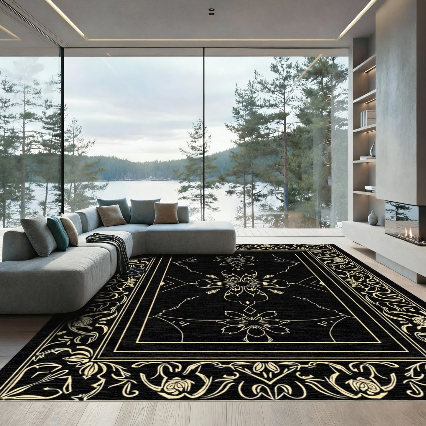Black Golden Floral Crested Frame Rug