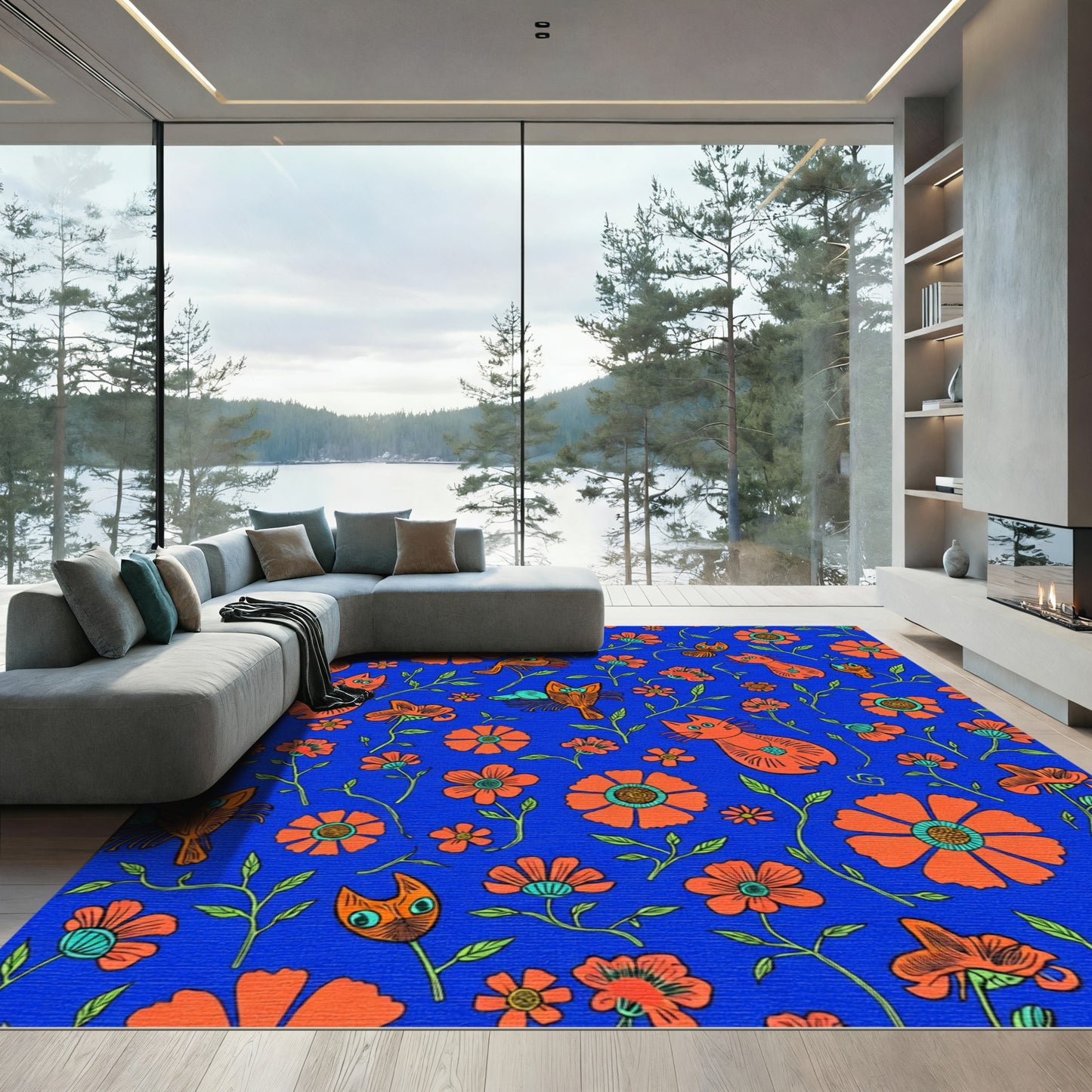 Orange Cat Floral Whimsy Blue Rug