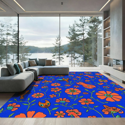 Orange Cat Floral Whimsy Blue Rug