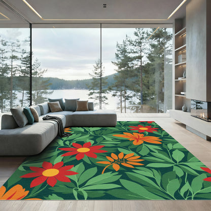 Vibrant Red Orange Floral Garden Rug