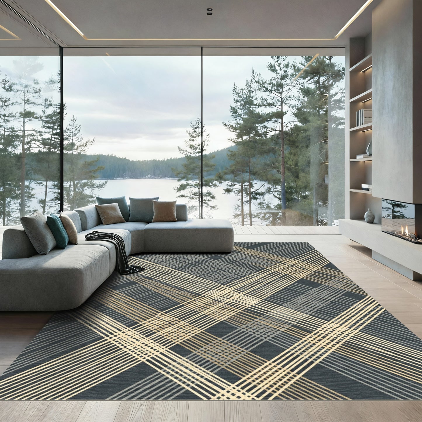 Gold and Gray Diagonal Plaid Rug