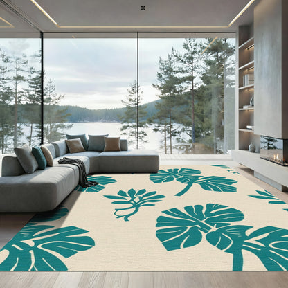 Teal Monstera Leaf Botanical Illustration Rug