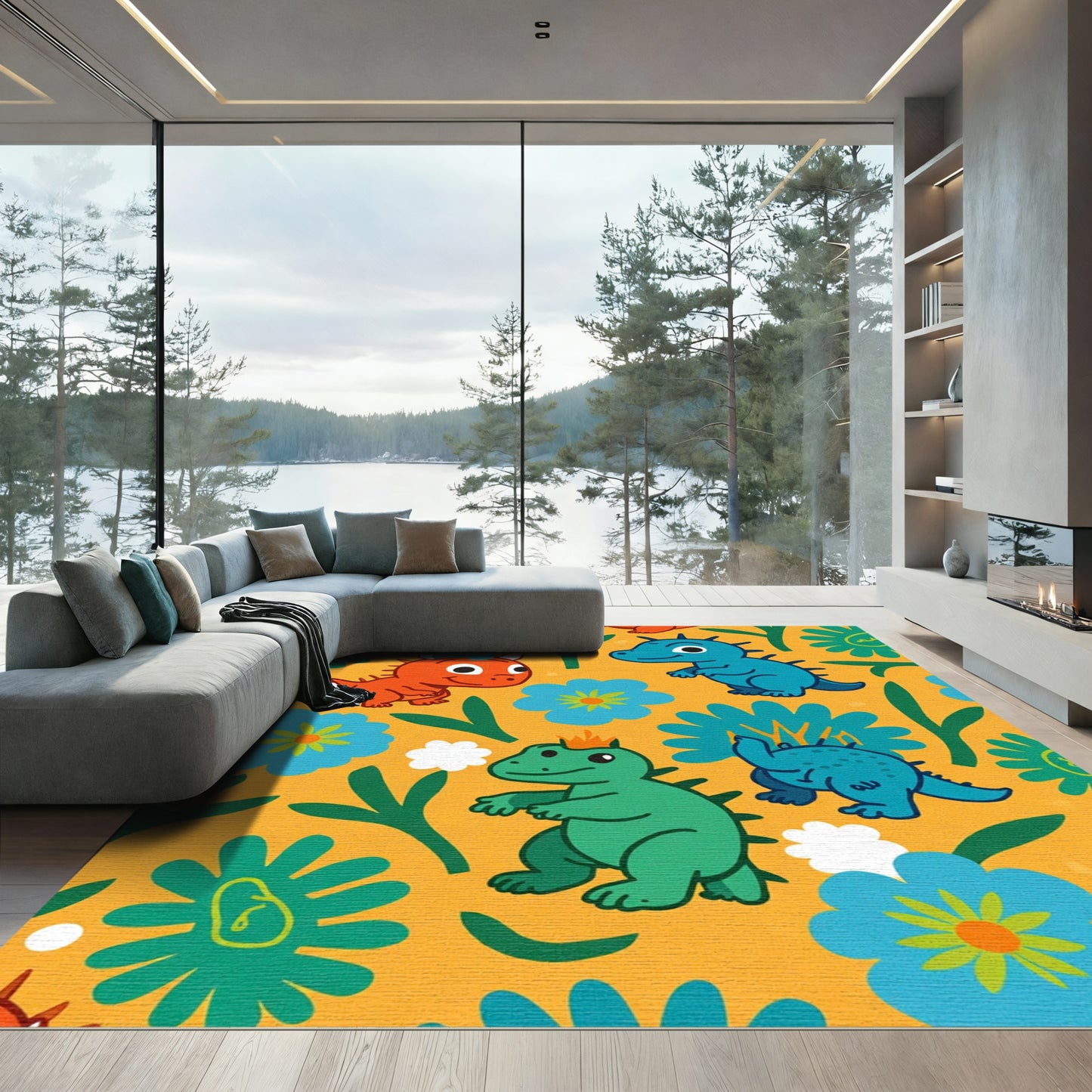 Playful Dinosaur Floral Meadow Rug