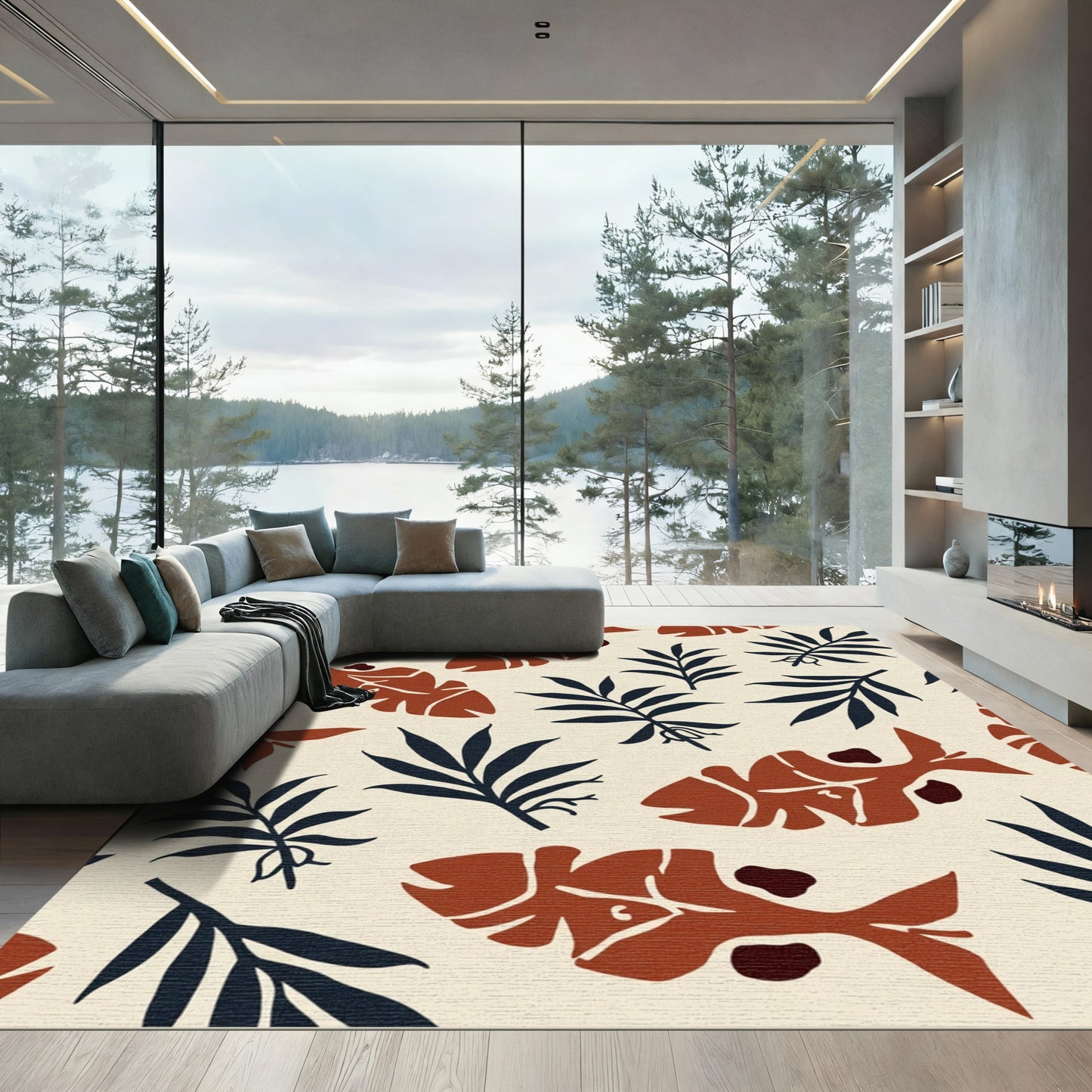 Rustic Terracotta Fish Leaf Composition Rug