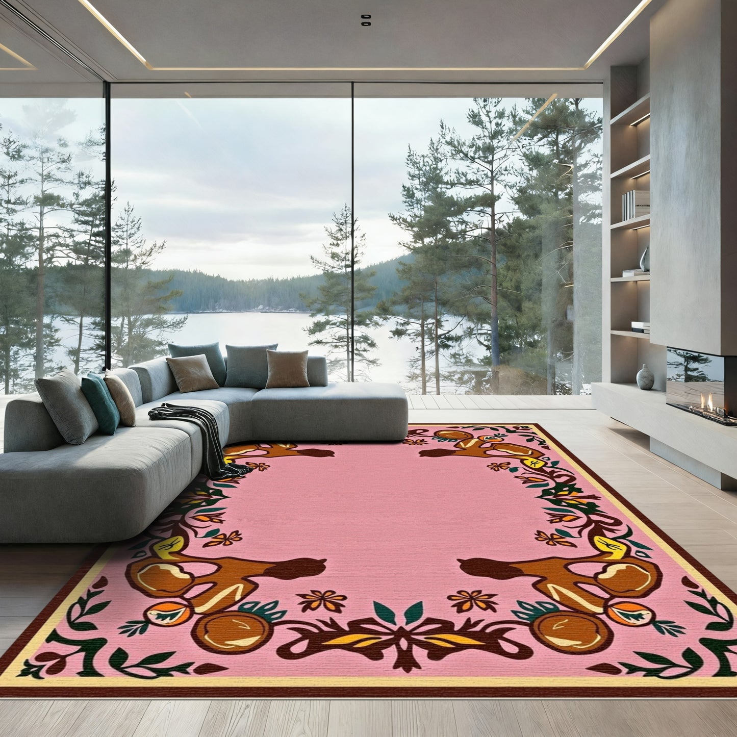 Blush Pink Abstract Floral Border Rug