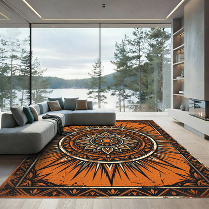 Bold Orange Sunburst Mandala Rug