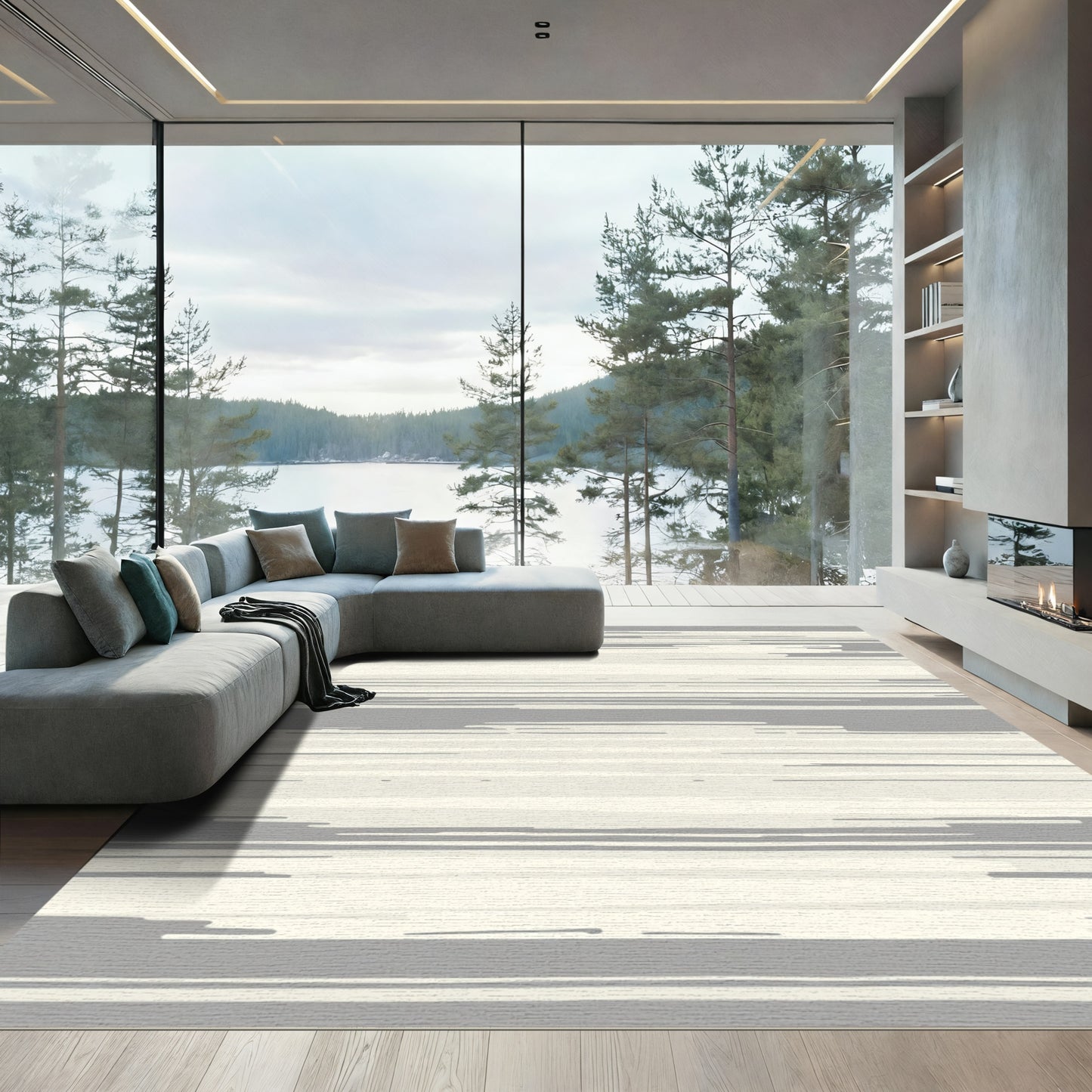Neutral Gray Cream Abstract Stripe Rug